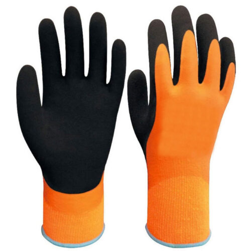 Outer Layer Material :Latex   Lining: Acrylic   Color: Orange+Black Safety Work Gloves